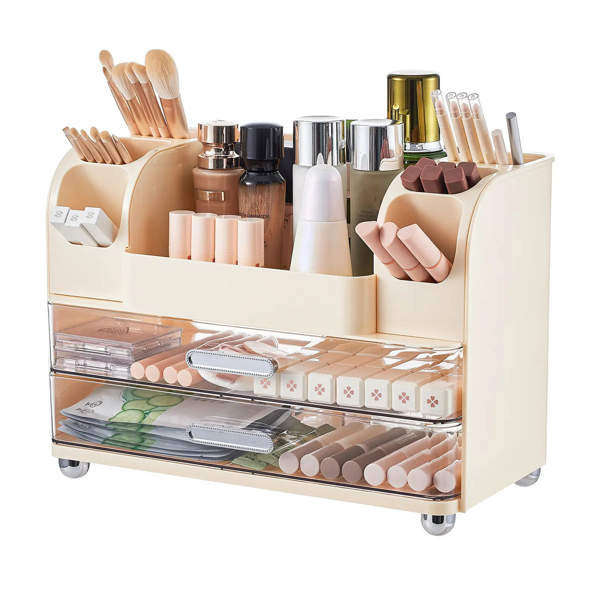 Modern ABS Makeup Organizer - Drill-Free Vanity Storage Organization Unit with Latch, Adjustable All-Purpose Cosmetic Organisers, 2 Large Drawers, Brush Holders, Cream Boxes, Easy Installation for Bathroom Countertop, Ideal Gift