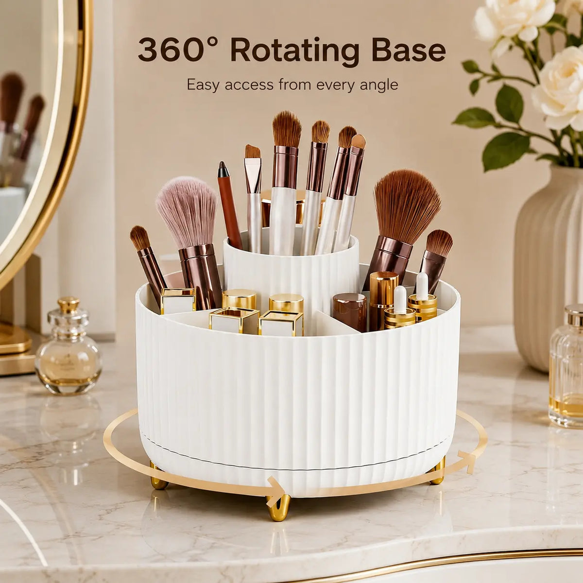 UFORU Modern Plastic 360° Rotating Makeup Organizer - 5 Compartments, Smooth Luxury Stripe Design, Bathroom Organizer for Vanity Desk Accessories, Storage Organization for Brushes, Lipstick, Skincare
