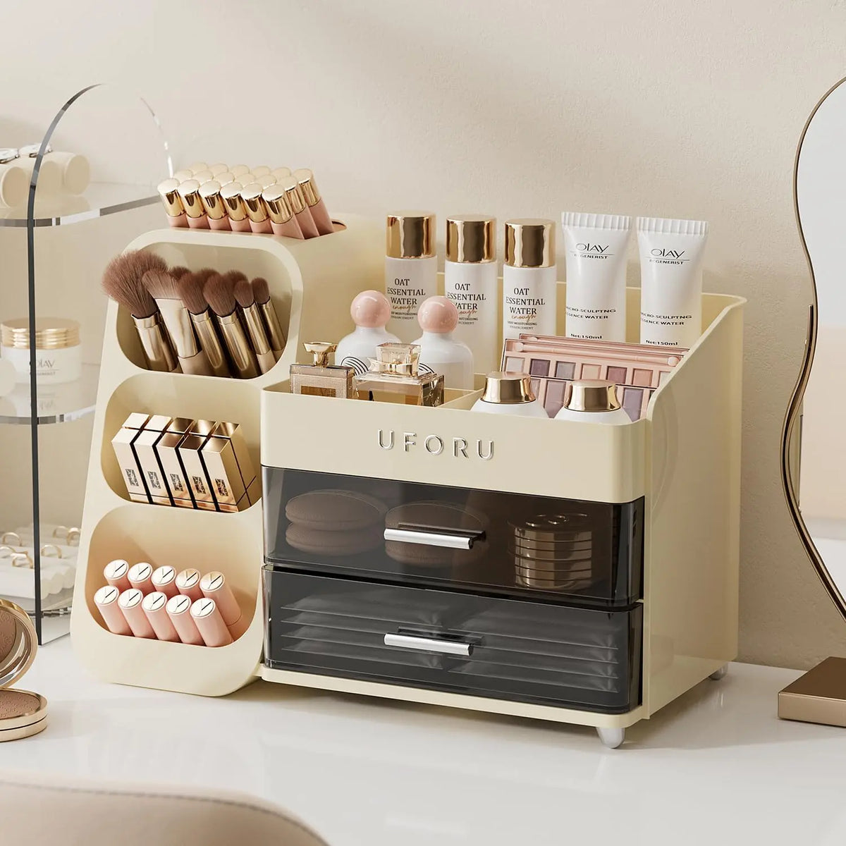 UFORU Modern Large Capacity Makeup Organizer - Vanity Accessories Storage Box for Makeup Brushes, Lipsticks, Eyebrow Pencils, Pocket Mirrors - Desktop Cosmetic Organiser for Home & Travel