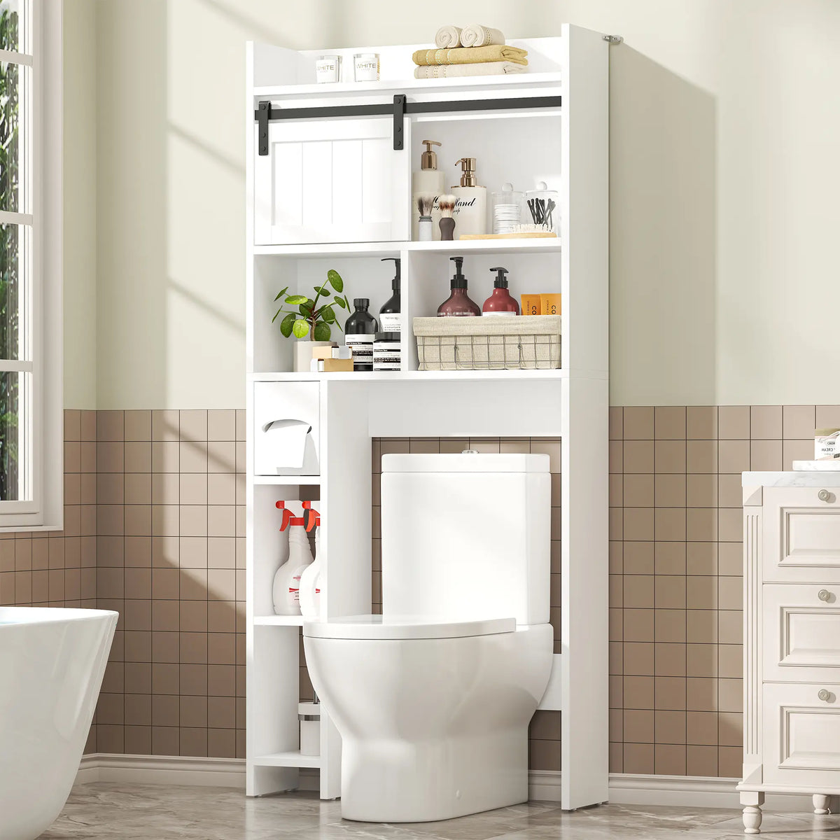 Over-The-Toilet Storage Cabinet with Sliding Door & Toilet Paper Holder Stand, Bathroom Organizer with Side Storage for Restroom