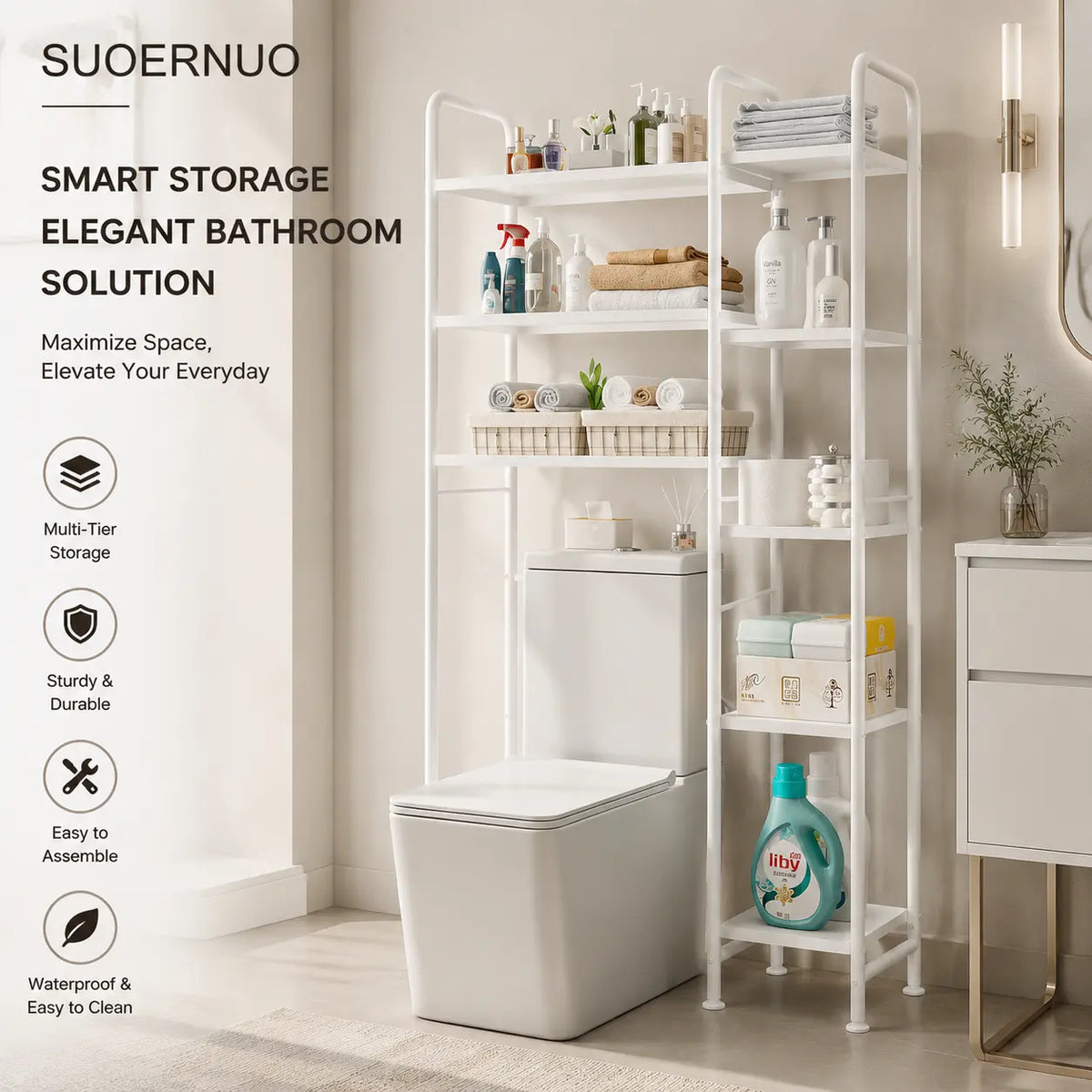 SUOERNUO 5-Tier Freestanding Over-The-Toilet Metal Storage Shelf, Waterproof Multifunctional Bathroom Organizer, Easy Assembly & Maintenance Space-Saving Rack for Bathroom Organizing Accessories, Entryways, Dorms