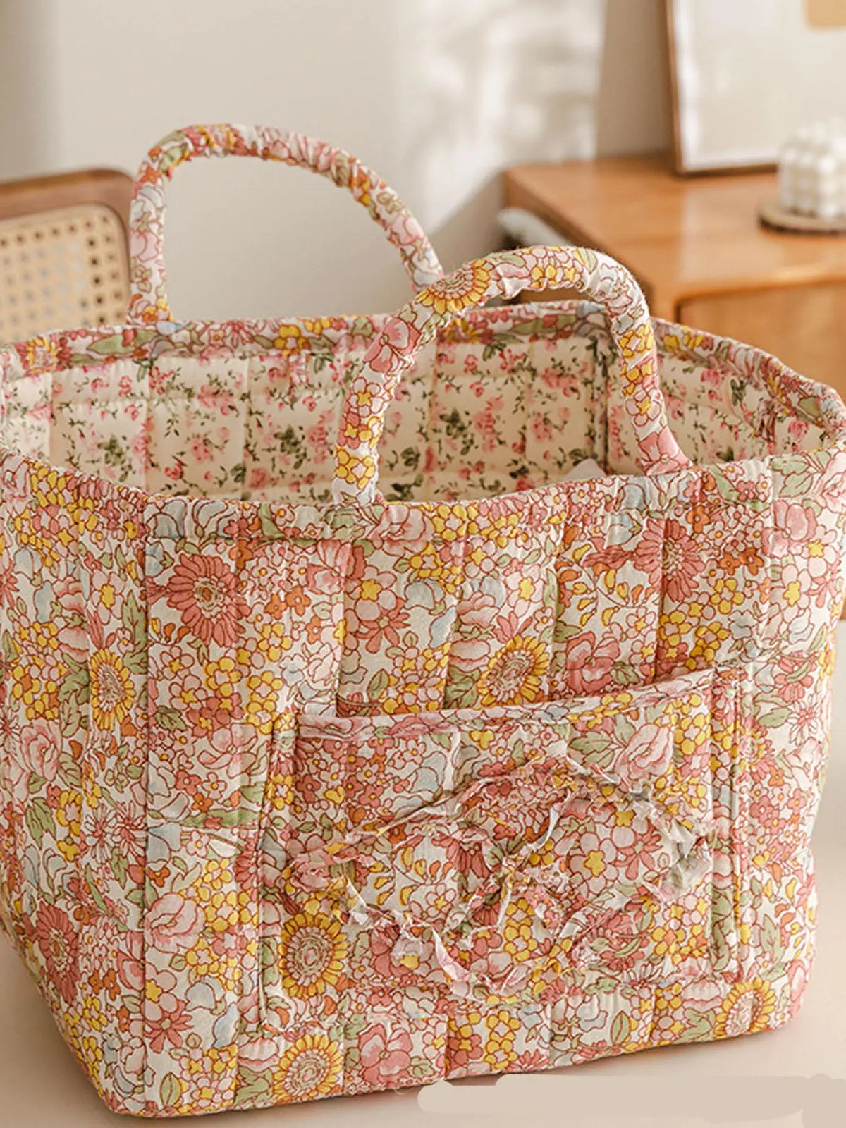 Floral Pattern Fabric Decorative Storage Basket, Portable Home Organizer for Kitchen, Bathroom and Office, Flower, Bathroom Storage Baskets