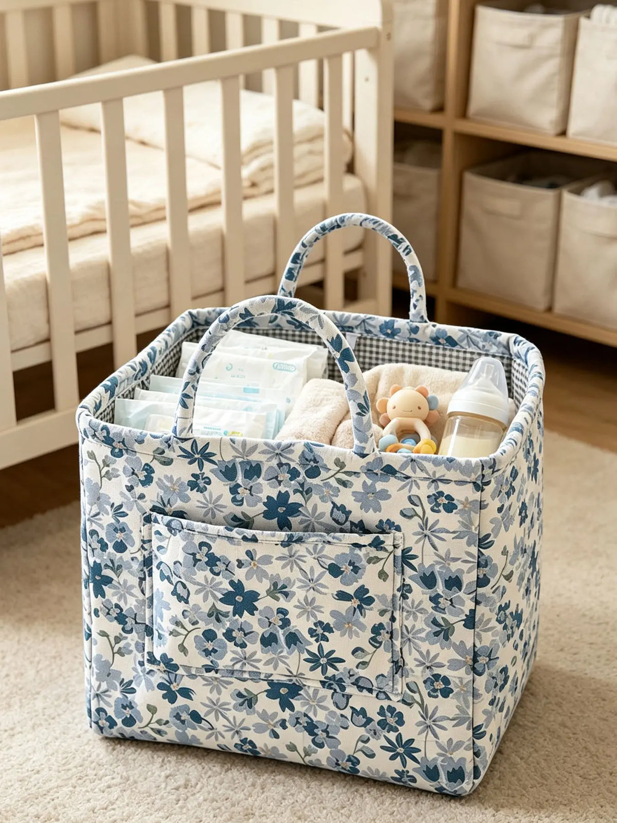 Vintage Floral Quilted with Double Handles, Foldable Fabric Organizer Tote for Bathroom Car Picnic, Bathroom Storage Baskets