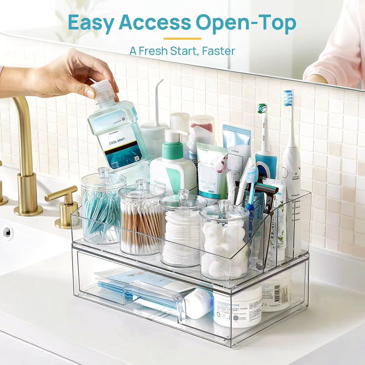 【Countertop Organizer】Vtopmart 6PCS Bathroom Countertop Organizer, 1 Divided Tray with 4 Qtip Holder Jars and 1 Drawers, Restroom Clear Organizers for Toothbrush, Cotton Pads, Vanity Accessories Storage Set