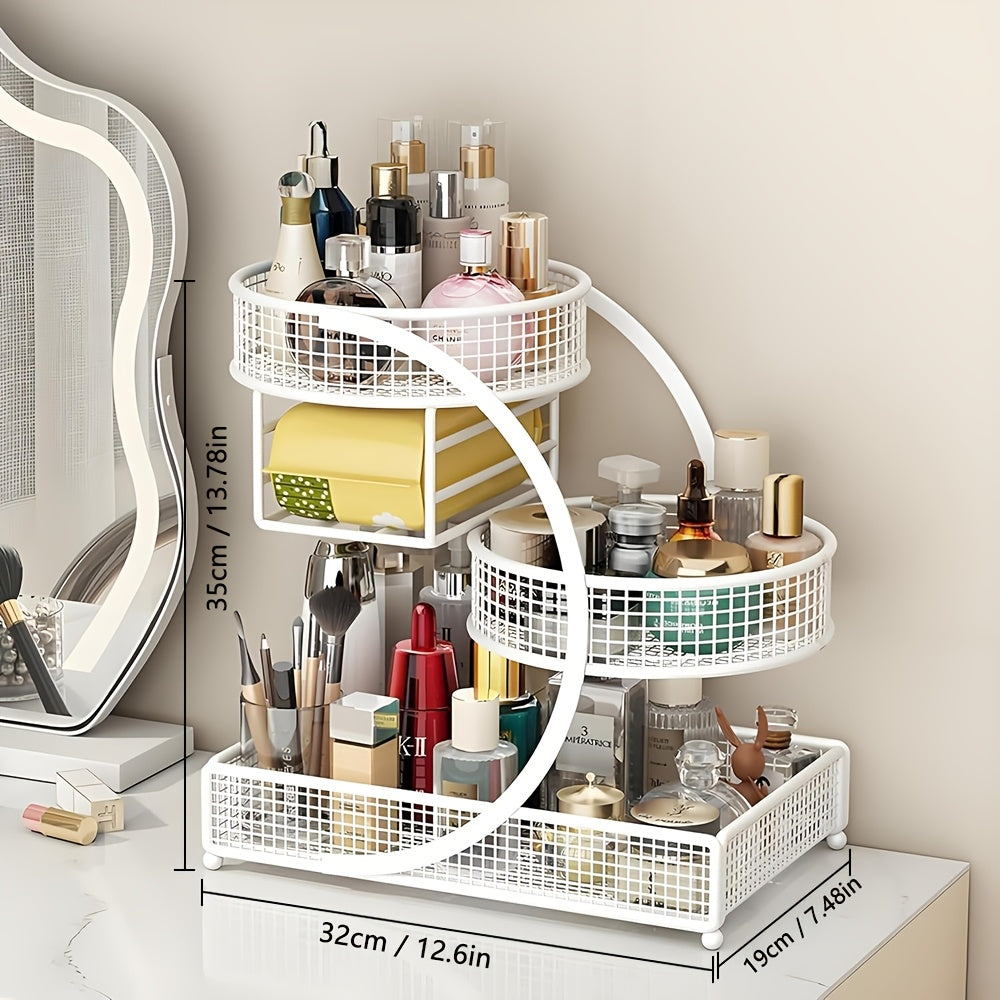 A 3-Tier Metal Cosmetic Organizer with a Varnished End, Featuring a Tissue Box. This Lightweight And No-Installation-Required Storage Rack Can Serve As a Dressing Table Or a Countertop Organizer in The Bathroom