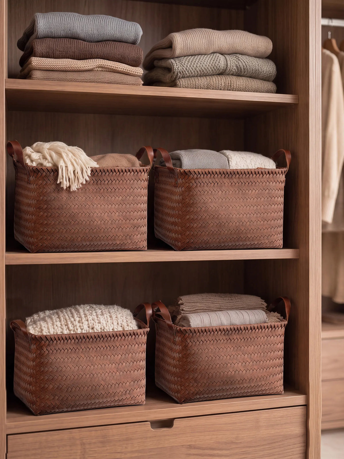 BROWNLILY Handwoven Wicker Storage Baskets with Vegan Leather Accents, 4/6/8-Pack Large Brown Bins with Handles, Decorative Faux Rattan Organizers for Shelves, Laundry, Bathroom Decor