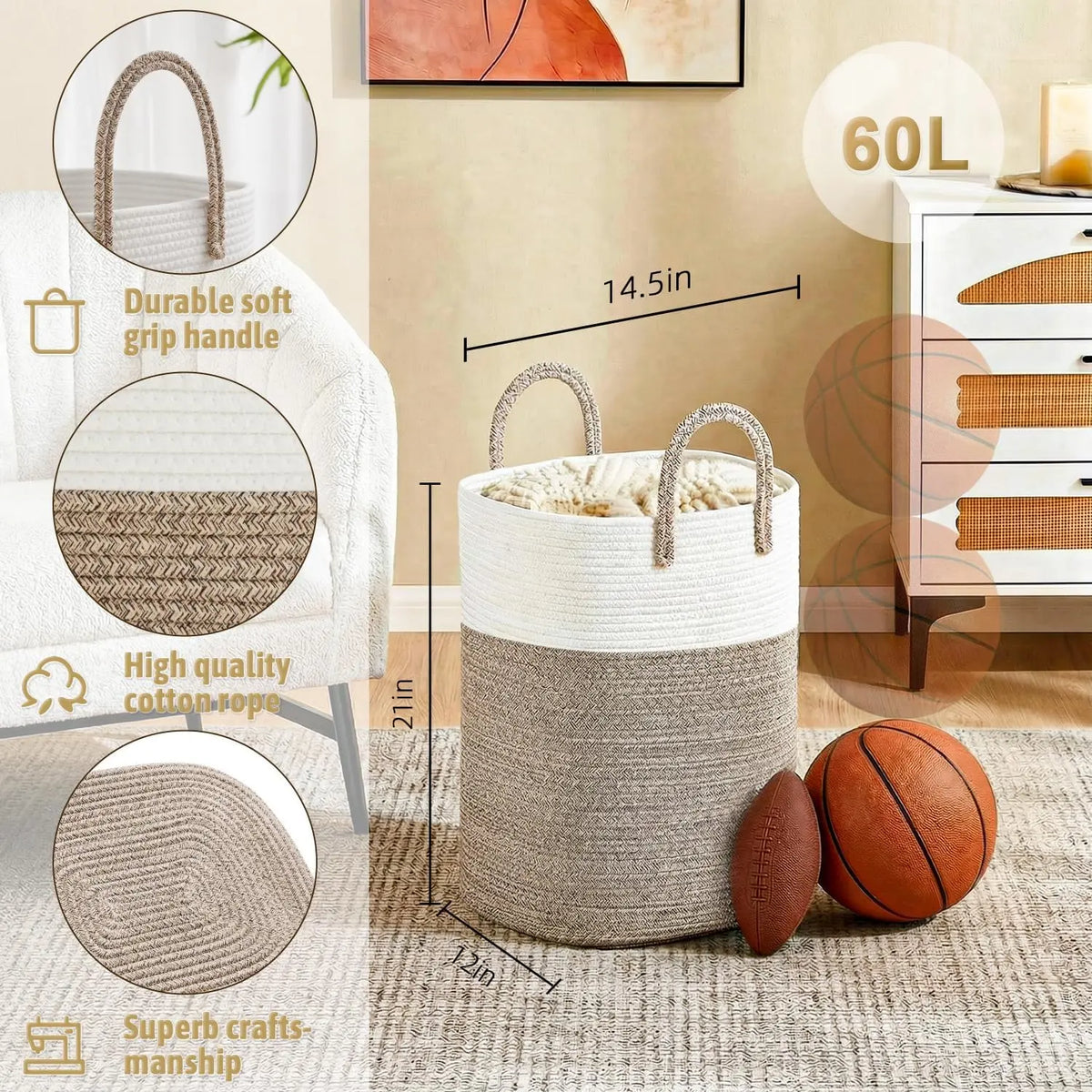 Round Eco-Friendly Classic Woven Cotton Rope Collapsible Laundry Hamper - 40-100L Laundry Basket, House Organizer, Home Supplies Storage Basket with Room Decor Functionality for Baby Toys, Bathroom, Laundry Baskets,dorm essentials,home decor