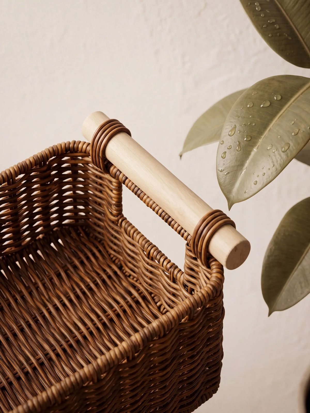 BROWNLILY Classic Handwoven Wicker Toilet Storage Basket with Wooden Handle, Durable Rectangular Bathroom Woven Storage Organizer for Toilet Paper, Towels, Vanity Counter Use, Faux Rattan