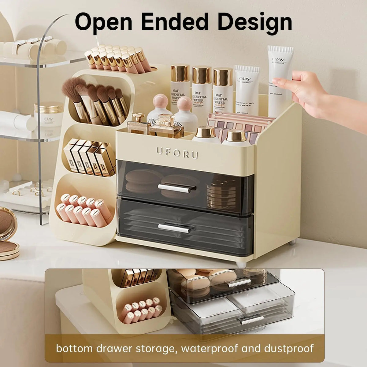 UFORU Modern Large Capacity Makeup Organizer - Vanity Accessories Storage Box for Makeup Brushes, Lipsticks, Eyebrow Pencils, Pocket Mirrors - Desktop Cosmetic Organiser for Home & Travel
