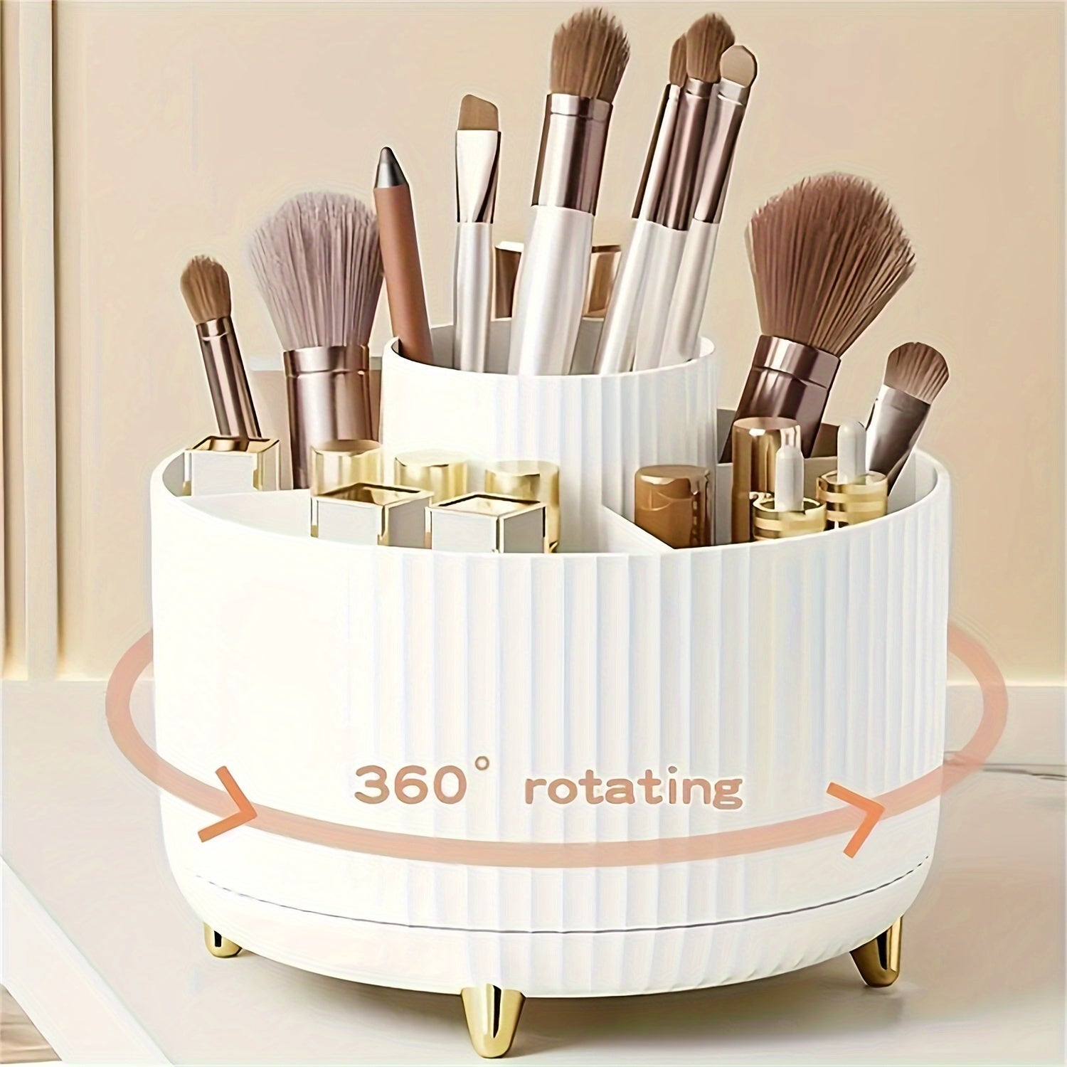 [360° Rotating Makeup Organizer] 360° Rotating Makeup Organizer - 1pc Plastic Cosmetic Storage With 5 Compartments - Multi-Functional Holder For Brushes, Lipsticks, Skin Care Products, And Stationery - Durable Unscented Desk Caddy With Stripe Design