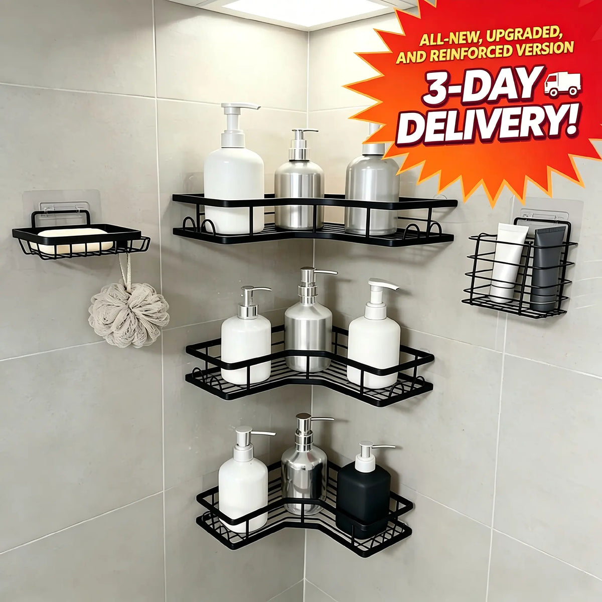 5-Pack Modern Matte Black Self-Adhesive Shower Caddy Set, No-Drill Stainless Steel Shower Organizer with Soap Dish & Toothbrush Holder, Rustproof Wall Mounting Space Saver, Apartment Essential, Bathroom Decor Set, Installation