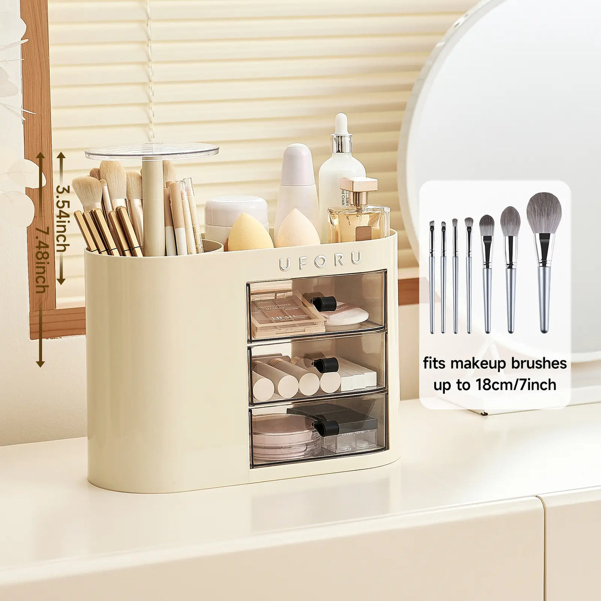 UFORU Plastic Makeup Tool Organizer with Drawers, 4-Slot 1-Touch Open Brush Holder, Spacious Storage Organization for Vanity Dresser & Bathroom Countertop (White)