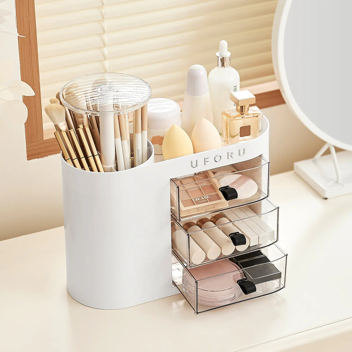 Classic Eco-Friendly Makeup Organizer - 1-Touch Open Design, 4-Slot Beauty Brush Holder, Accessible Cosmetic Trays, Drawers, Adjustable All-Purpose Cosmetic Organisers for Vanity & Bathroom Countertop Storage