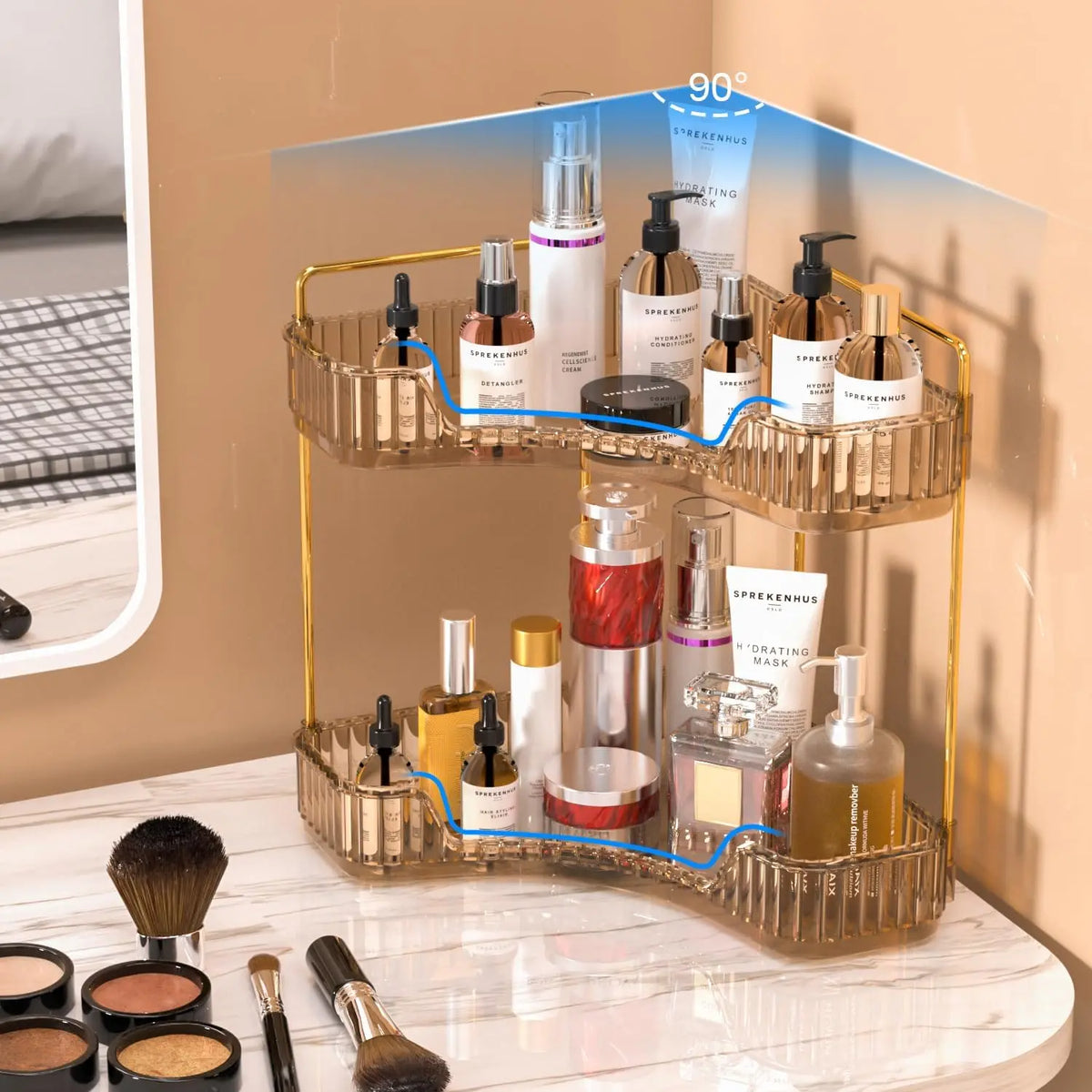 2-Tiers Corner Bathroom Counter Organizer - Gold Metal Pole Shelves, Bathroom Accessories Storage Organization Rack, Makeup Organizer Storage for Vanity Sink Kitchen