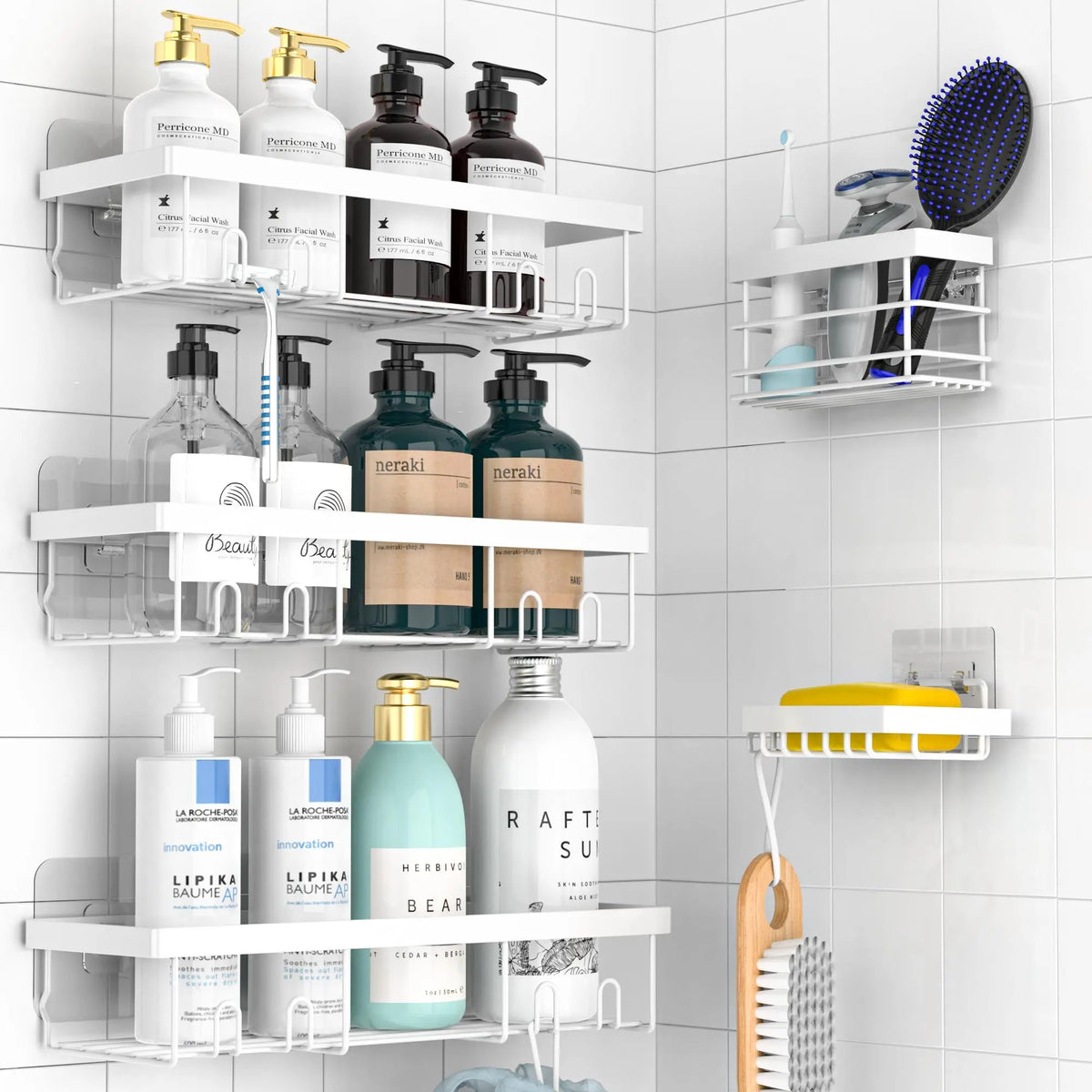 5-Piece Shower Rack Set, No-Drill Adhesive Rust-Proof Bathroom Organizer, Large Capacity Wall-Mounted Shelf, Essential for Bath, Kitchen, Home