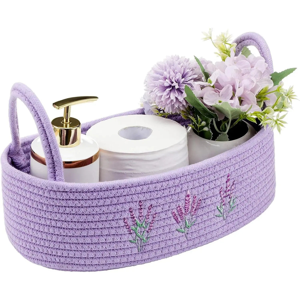 Magnolia Woven Storage Basket for Toilet  Top Boho  Rope Bathroom Countertop Organizer Basket with Handle Green Bathroom Decor for Bedroom  Toys Organizing, 13 x 6 x 4 Inch
