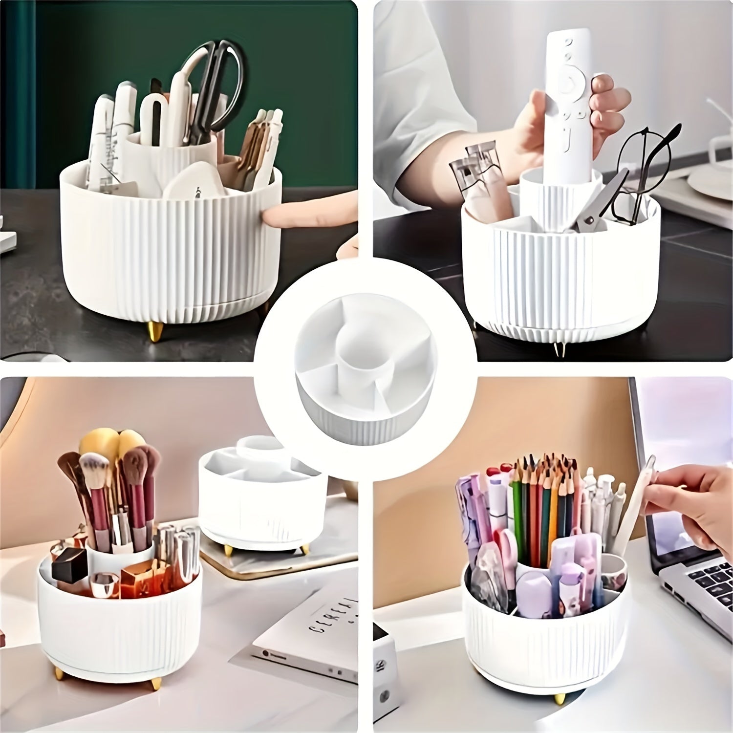 [360° Rotating Makeup Organizer] 360° Rotating Makeup Organizer - 1pc Plastic Cosmetic Storage With 5 Compartments - Multi-Functional Holder For Brushes, Lipsticks, Skin Care Products, And Stationery - Durable Unscented Desk Caddy With Stripe Design