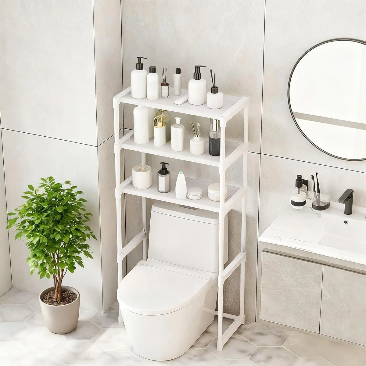 Garvee 3-Tier Over The Toilet Rack, Metal Bathroom Shelves, Over The Toilet Storage, Freestanding Above Toilet Shelf for Bathroom, Laundry, Balcony, Space Saver, White(Toilet not included)