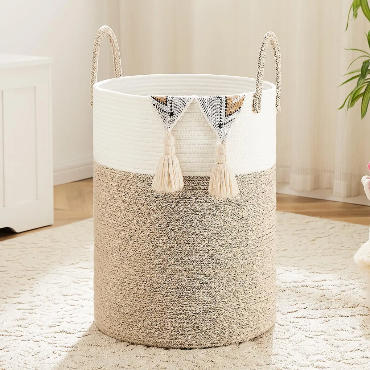 Collapsible Woven Cotton Rope Laundry Basket - Eco-Friendly, Breathable, Decorative Weaving Clothes Basket & Weaving Laundry Organizer (46L/60L/80L/100L) for Dirty Clothes, Toys Storage in Bathroom, Living Room