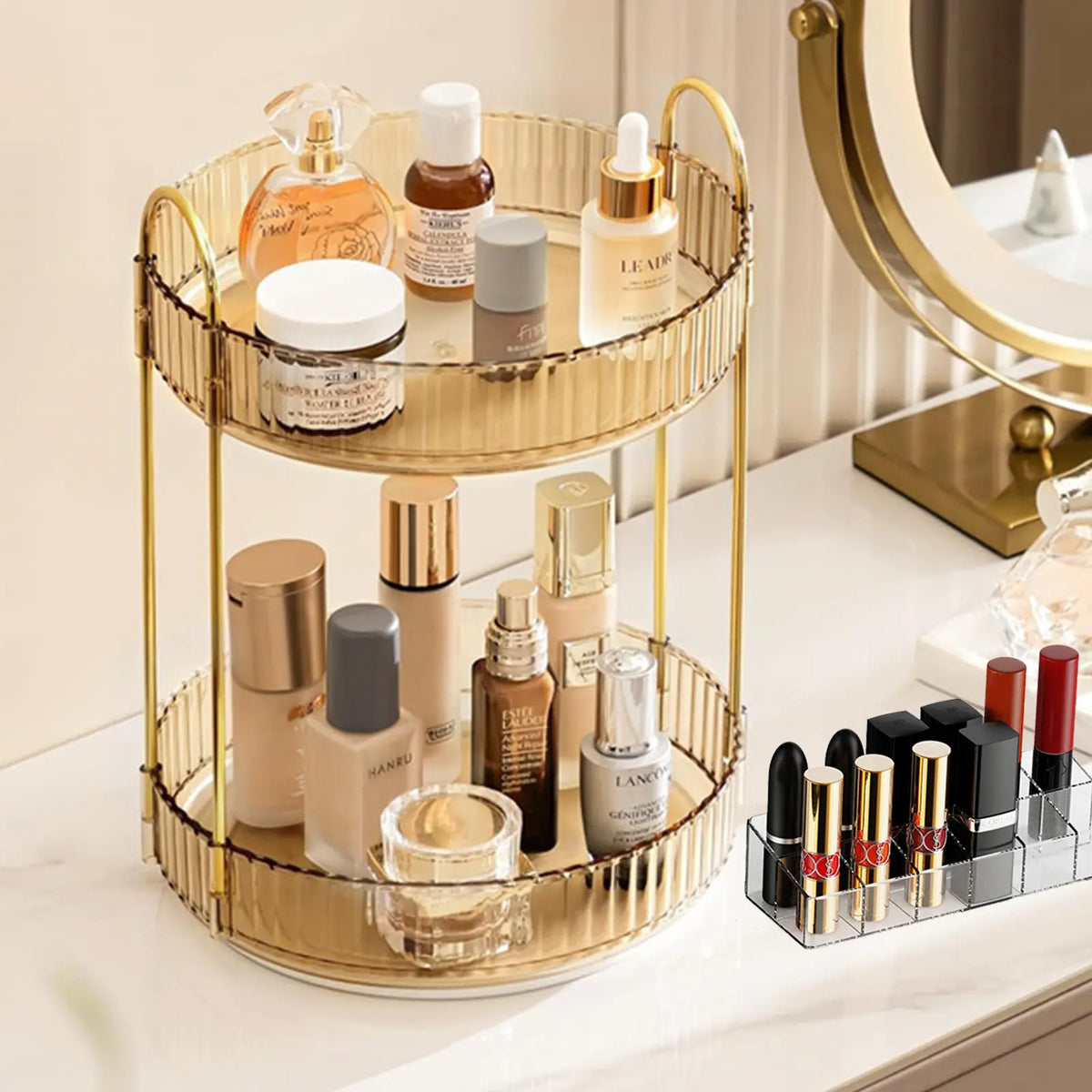GooBird 360° Rotating Round Metal Makeup Tool Organizer Storage, User-Friendly Collapsible Stackable Vanity Shelf with Bonus 12-Slot Lipstick Holder, Multifunctional Bin for Makeup, Perfume, Skincare, Bathroom Birthday Gift for Girlfriend, Collapsible Sto