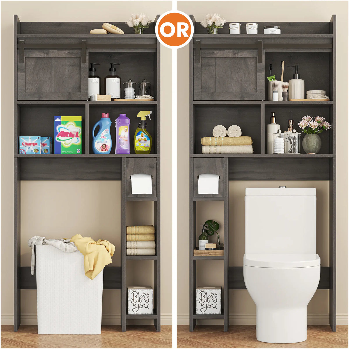Over-The-Toilet Storage Cabinet with Sliding Door & Toilet Paper Holder Stand, Bathroom Organizer with Side Storage for Restroom