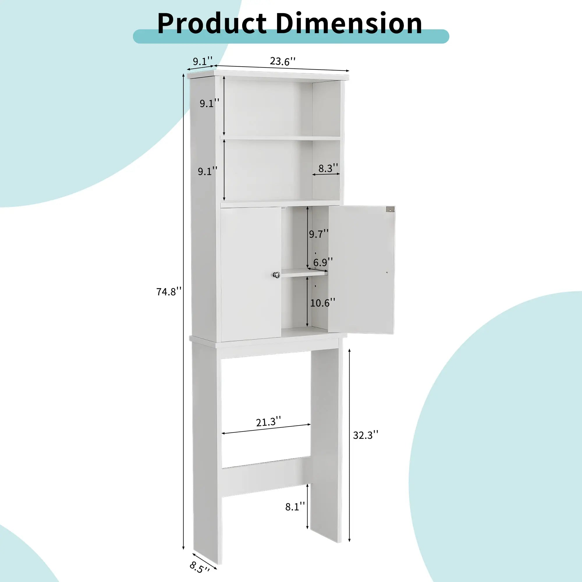 Over The Toilet Storage Shelf, 75'' Taller Bathroom Organizer, Washing Machine cabinet, Space Saver with Adjustable Decorative Racks, White