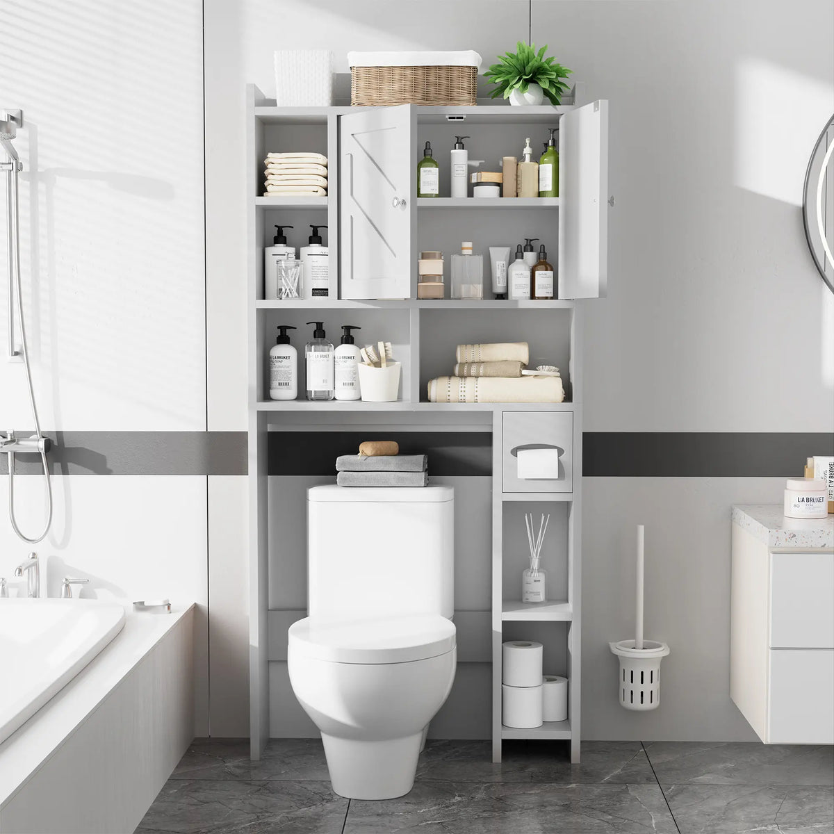Walsunny Over The Toilet Storage Cabinet, Farmhouse Storage Cabinet with 2 Barn Door & Toilet Paper Holder Stand, Toilet Rack for Bathroom, Laundry Furniture Organizer