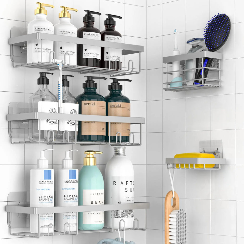5-Piece Shower Rack Set, No-Drill Adhesive Rust-Proof Bathroom Organizer, Large Capacity Wall-Mounted Shelf, Essential for Bath, Kitchen, Home