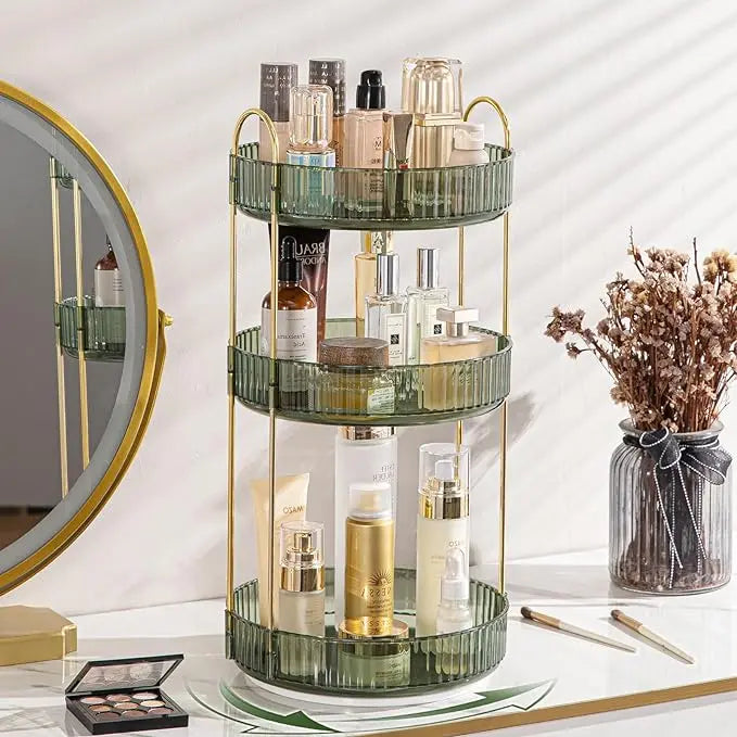 GooBird 360° Rotating Round Metal Makeup Tool Organizer Storage, User-Friendly Collapsible Stackable Vanity Shelf with Bonus 12-Slot Lipstick Holder, Multifunctional Bin for Makeup, Perfume, Skincare, Bathroom Birthday Gift for Girlfriend, Collapsible Sto