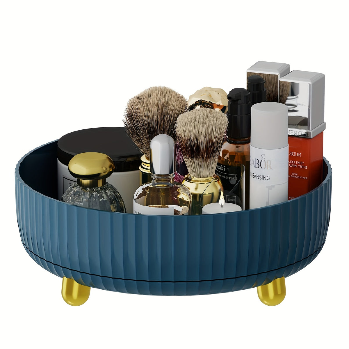[360 Rotating Vanity Tray] 1pc Large Capacity 360-Degree Rotating Makeup And Perfume Organizer - Sleek Vanity Storage Tray with Golden Accents, Ribbed Edge Design for Stability, No Assembly Required, Vanity Tray