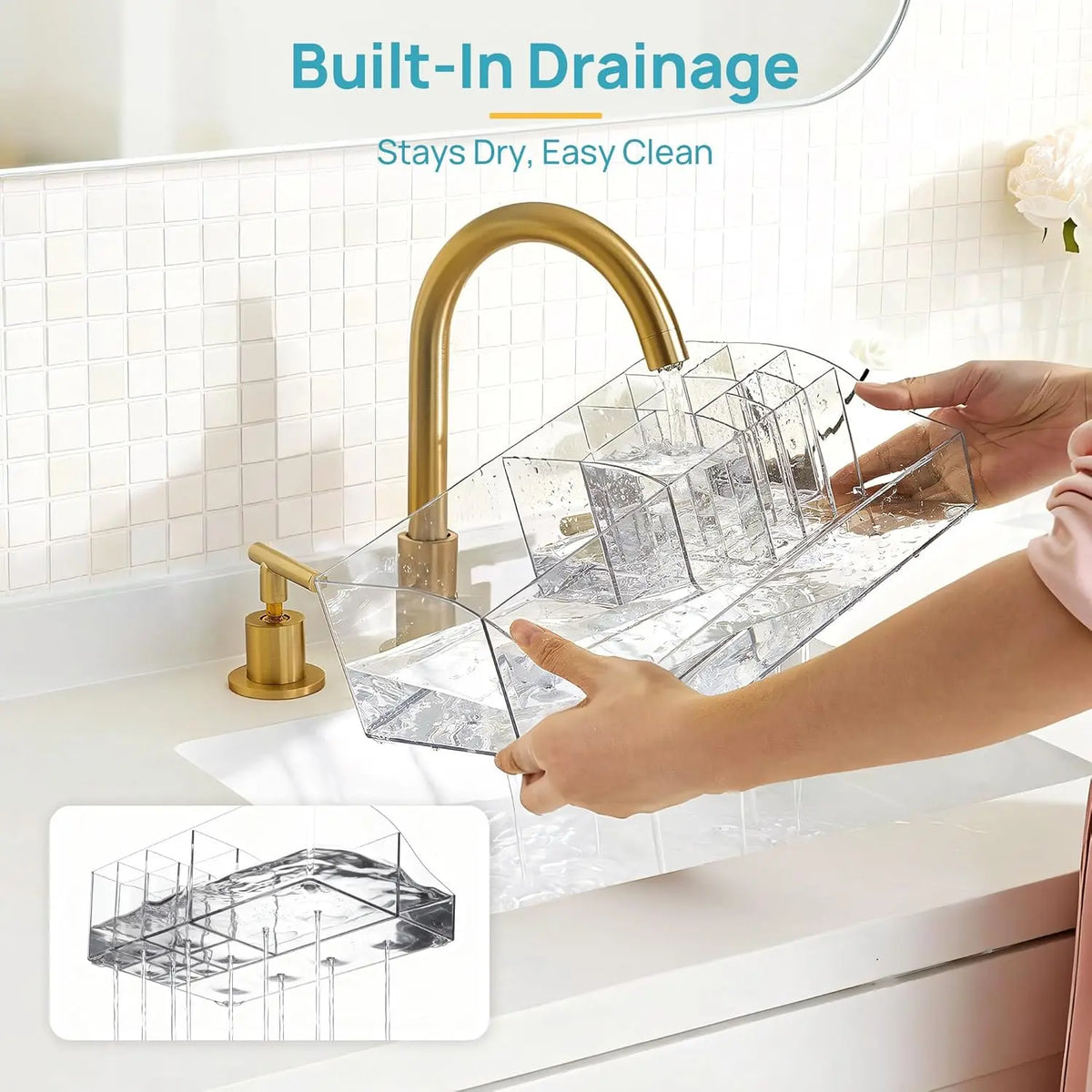 【Countertop Organizer】Vtopmart 6PCS Bathroom Countertop Organizer, 1 Divided Tray with 4 Qtip Holder Jars and 1 Drawers, Restroom Clear Organizers for Toothbrush, Cotton Pads, Vanity Accessories Storage Set