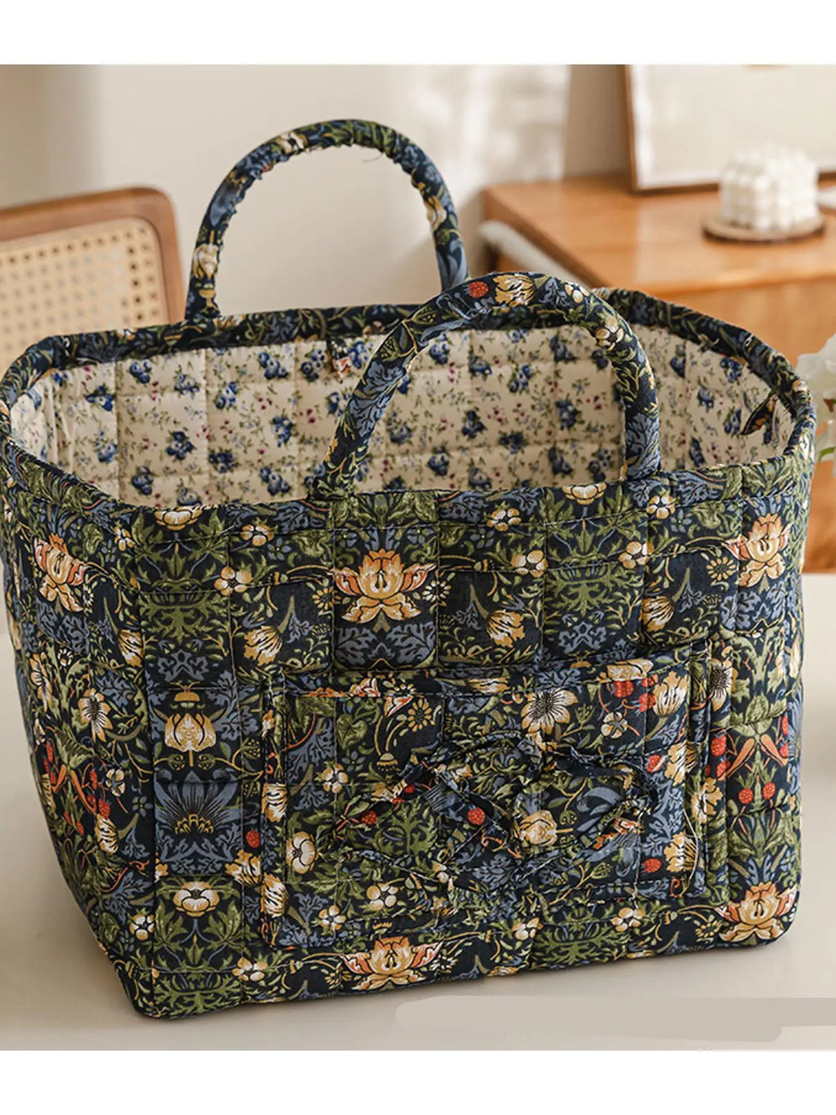 Floral Pattern Fabric Decorative Storage Basket, Portable Home Organizer for Kitchen, Bathroom and Office, Flower, Bathroom Storage Baskets