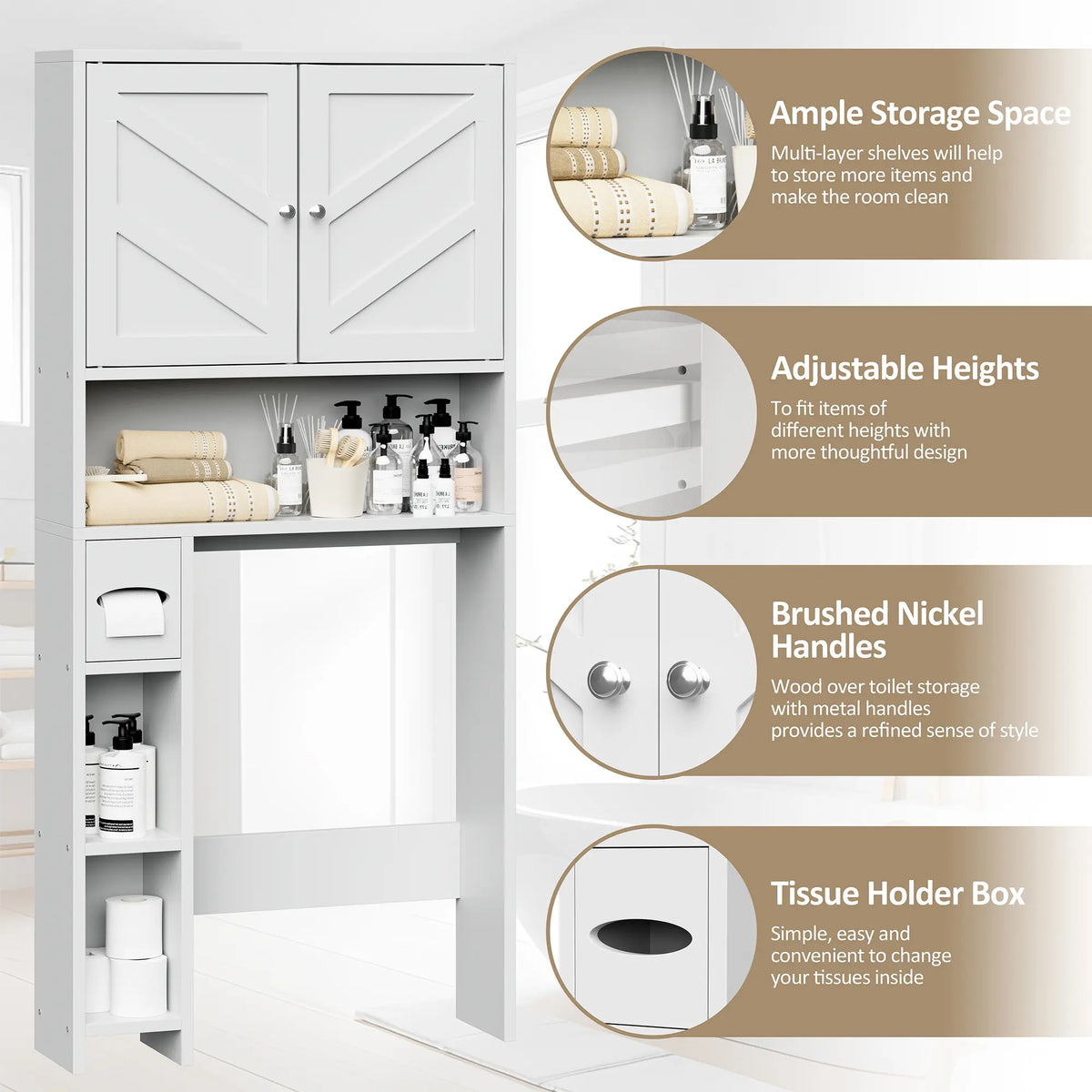Walsunny Over The Toilet Storage Cabinet, Bathroom Farmhouse Storage Cabinet with Adjustable Shelf, 2-Door Toilet Storage Rack with Toilet Paper Holder, White