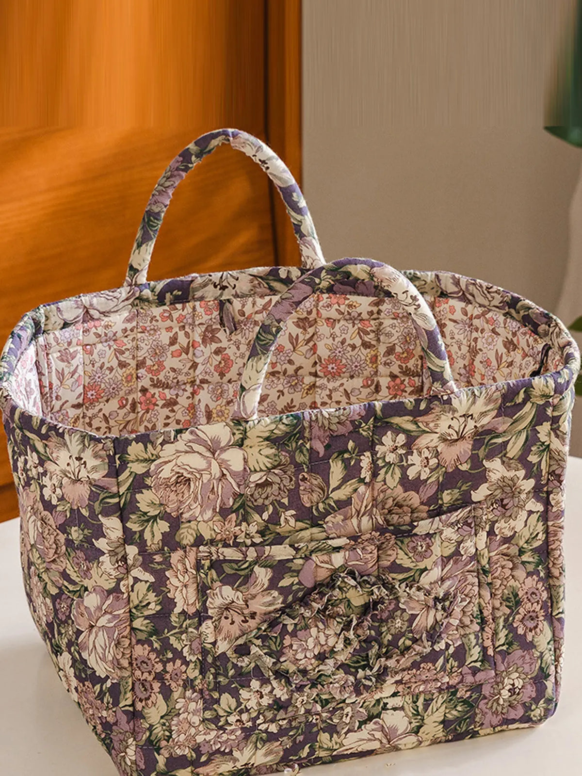 Floral Pattern Fabric Decorative Storage Basket, Portable Home Organizer for Kitchen, Bathroom and Office, Flower, Bathroom Storage Baskets