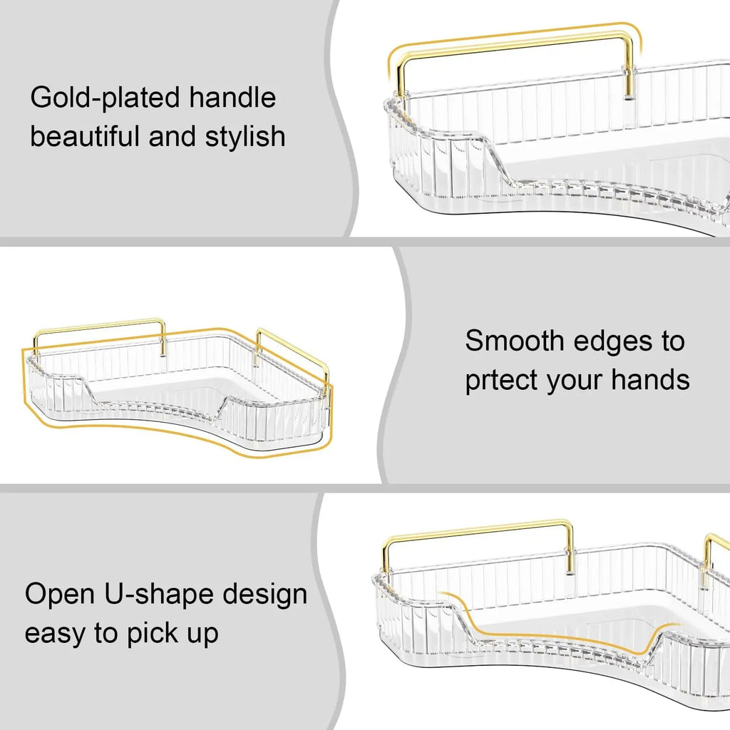 2-Tiers Plastic Corner Bathroom Counter Organizer - Gold Metal Pole Shelves, Makeup Organizer Storage Rack, Cosmetic Perfume Tray Holder for Vanity Sink, Bathroom Gadget, Bathroom Accessories