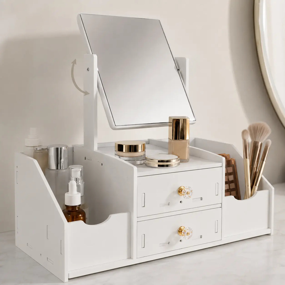 Makeup Organizer with Mirror and 2 Drawers, Desktop Vanity Storage Box with Multiple Compartments for Cosmetics, Skincare, Jewelry and Perfume