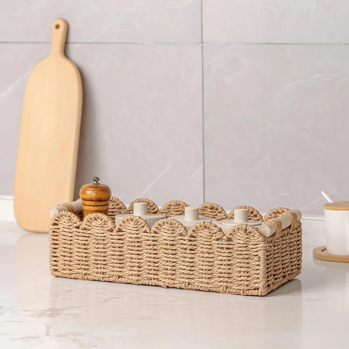 Rattan Wicker Storage Basket Handwoven Natural with Fan Edge Design, Toilet Tank Top Organizer and Decorative Basket for Bathroom Bedroom Living