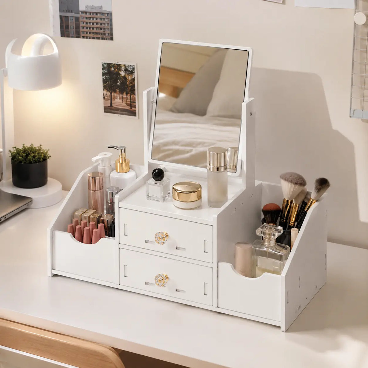 Makeup Organizer with Mirror and 2 Drawers, Desktop Vanity Storage Box with Multiple Compartments for Cosmetics, Skincare, Jewelry and Perfume