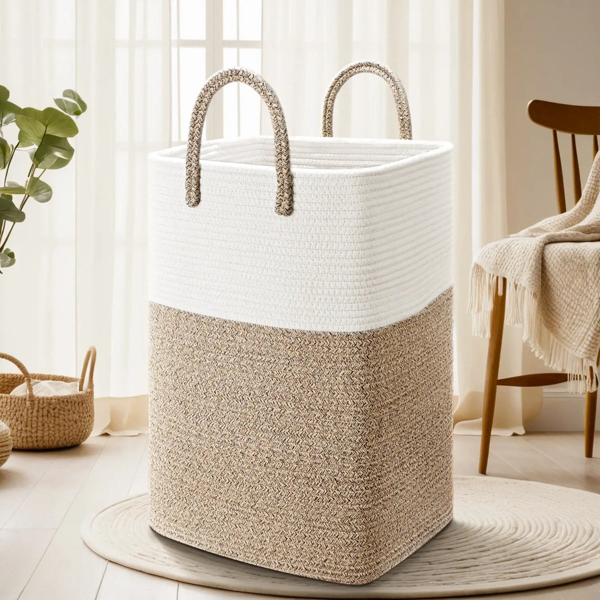 Round Eco-Friendly Classic Woven Cotton Rope Collapsible Laundry Hamper - 40-100L Laundry Basket, House Organizer, Home Supplies Storage Basket with Room Decor Functionality for Baby Toys, Bathroom, Laundry Baskets,dorm essentials,home decor