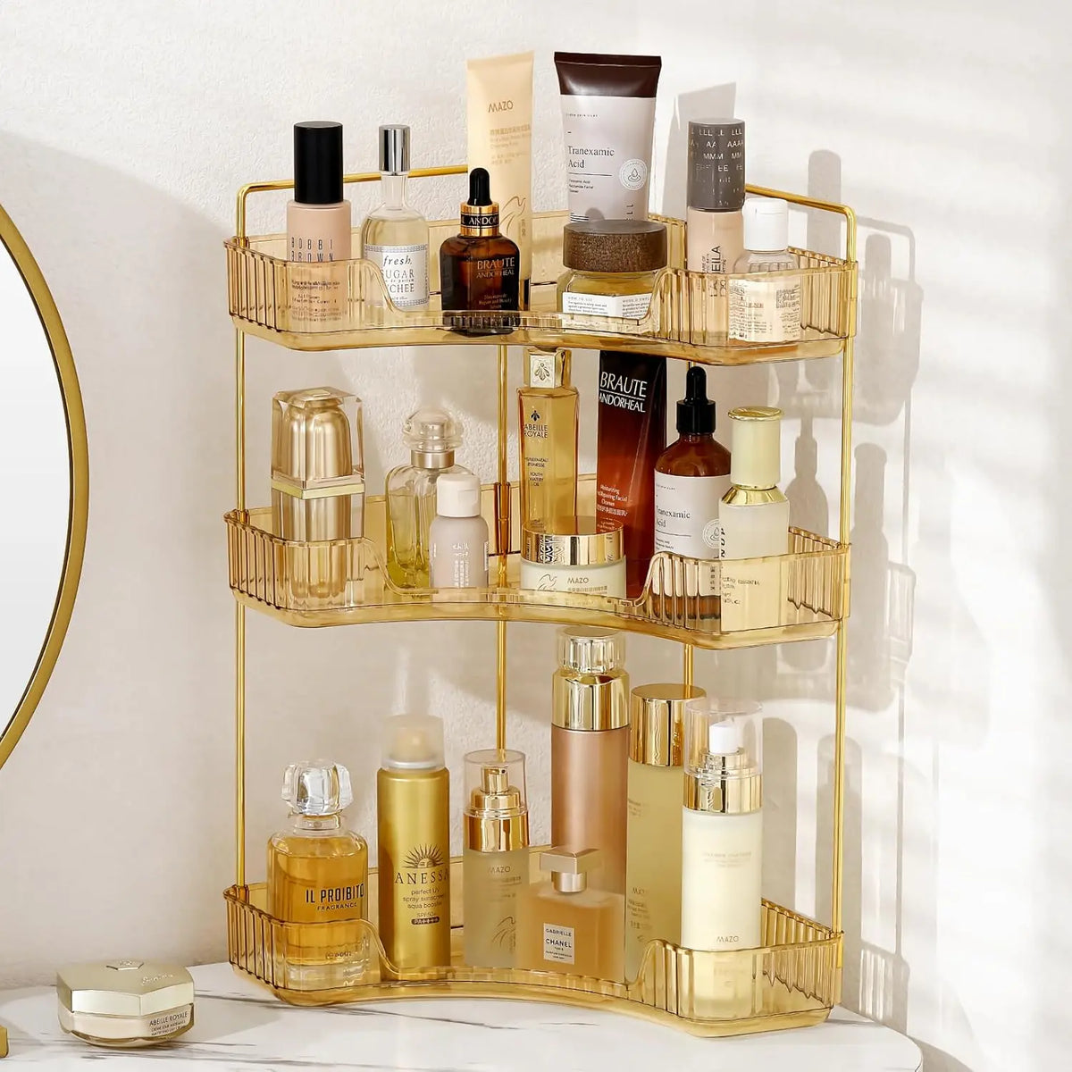 Corner Bathroom Counter Organizer Bathroom Countertop Shelf Makeup Organizer for Vanity Perfume Tray for Corner Storage 2 Tiers, White