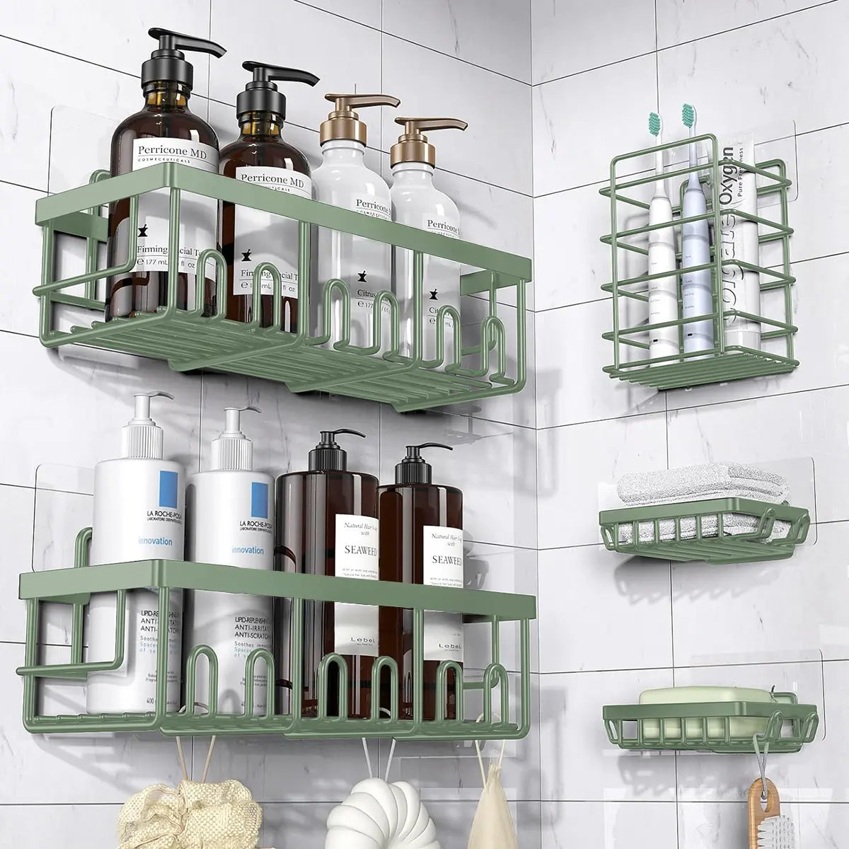 Jabukosu Shower Organizer, 5-Pack Adhesive Rustproof Stainless Steel Shower Shelves with Soap Holder, Adhesive Mount Saves Wall Drilling, Clutter Control for Renters’ Bathrooms, Multiple Shelves Separate Daily Items, Soap Stays Put, Shower Organizers, Mod