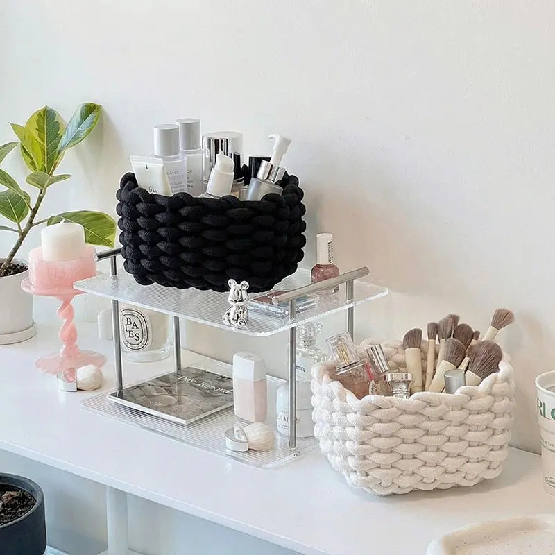 1/2 Counts Woven Decorative Storage Basket, Stackable Rope Cosmetics Storage Bin, Rope Baskets for Storage, Baskets for Organizing, Desk Organizer for Snacks, Perfume and Home Decor in Bedroom, Living Room, Vanity or Bathroom, Rope Basket #GLOBAL PICKS