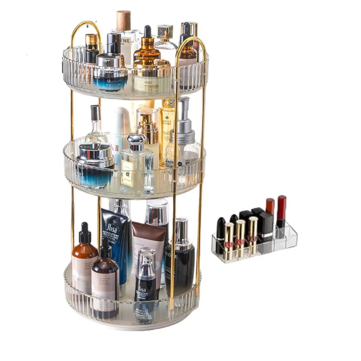 GooBird 360° Rotating Round Metal Makeup Tool Organizer Storage, User-Friendly Collapsible Stackable Vanity Shelf with Bonus 12-Slot Lipstick Holder, Multifunctional Bin for Makeup, Perfume, Skincare, Bathroom Birthday Gift for Girlfriend, Collapsible Sto