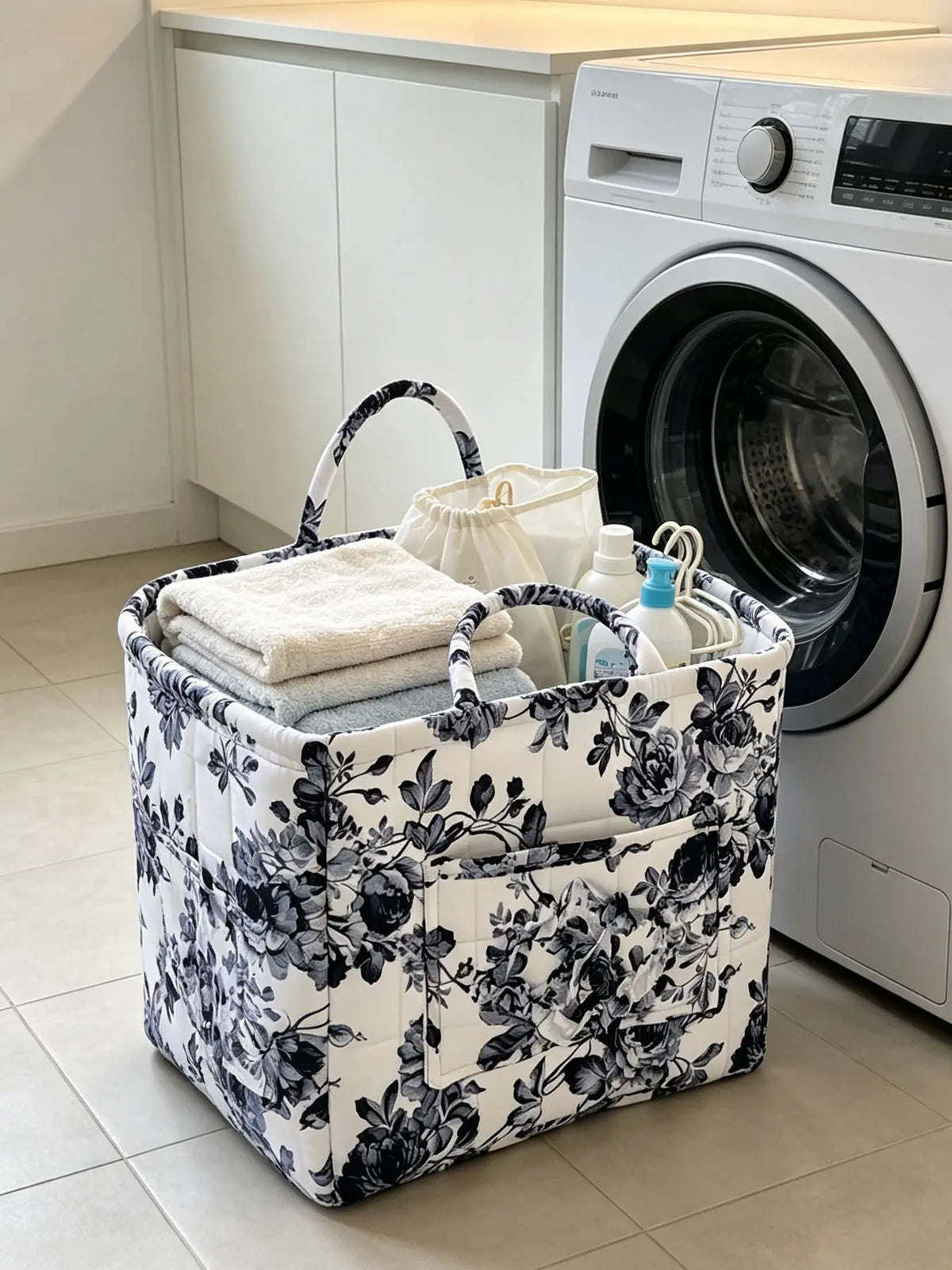 Vintage Floral Quilted with Double Handles, Foldable Fabric Organizer Tote for Bathroom Car Picnic, Bathroom Storage Baskets