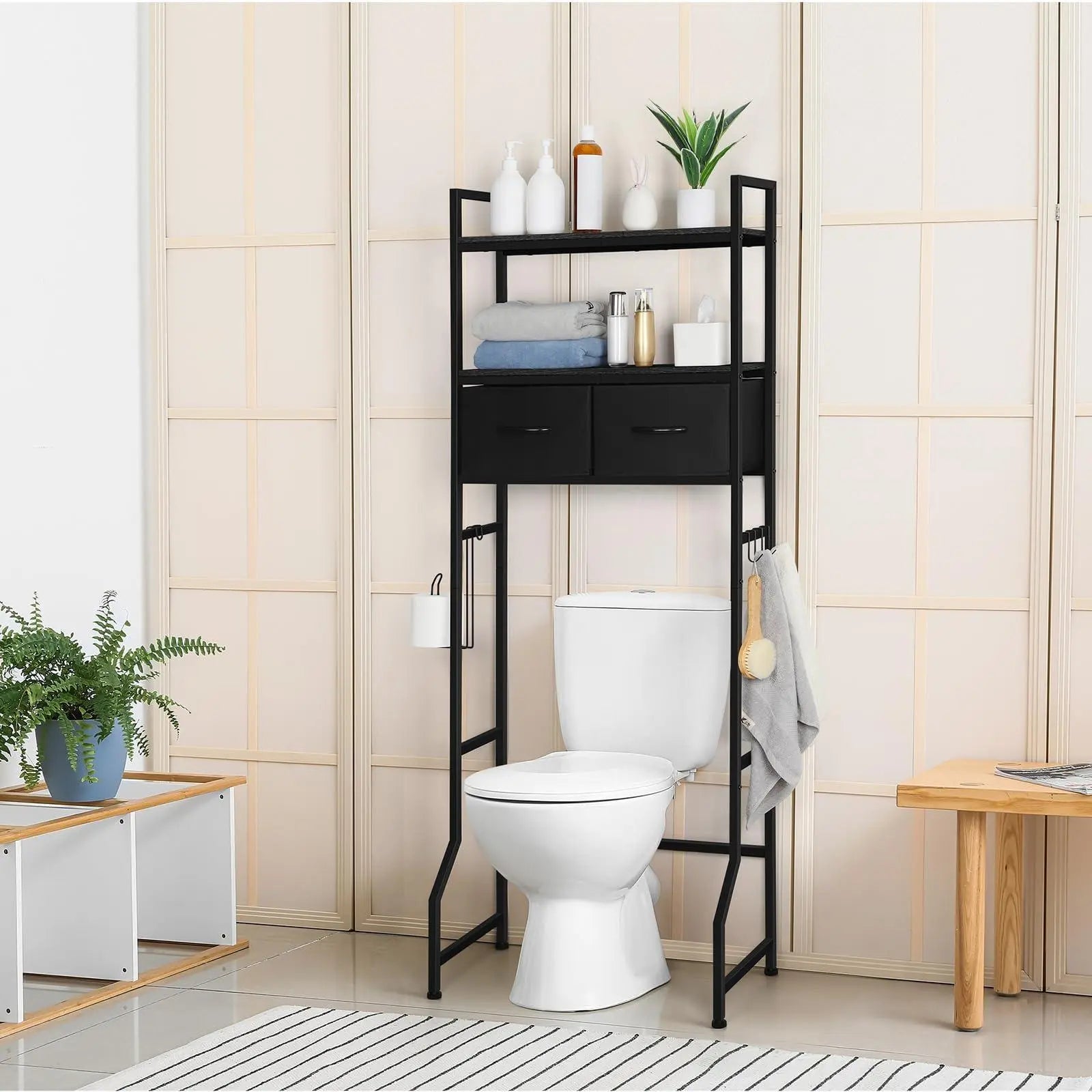 Over The Toilet Storage Cabinet - 3-Tier Freestanding Bathroom Organizer with Fabric Drawers, 4 Hooks, Space-Saving Shelf for Bathroom Use