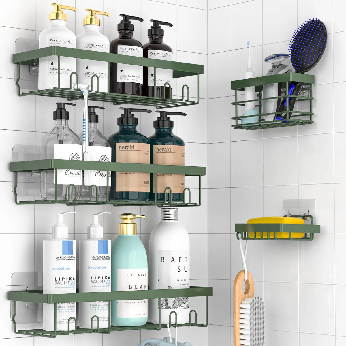 5-Piece Shower Rack Set, No-Drill Adhesive Rust-Proof Bathroom Organizer, Large Capacity Wall-Mounted Shelf, Essential for Bath, Kitchen, Home