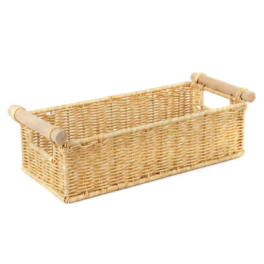 BROWNLILY Classic Handwoven Wicker Toilet Storage Basket with Wooden Handle, Durable Rectangular Bathroom Woven Storage Organizer for Toilet Paper, Towels, Vanity Counter Use, Faux Rattan