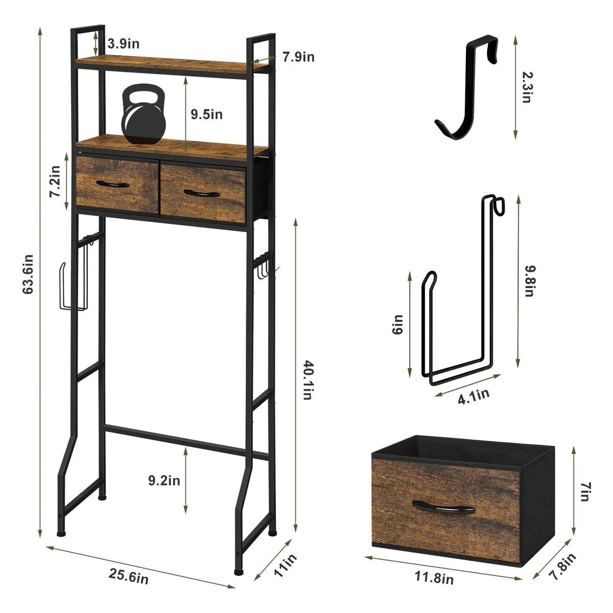 Over The Toilet Storage Cabinet - 3-Tier Freestanding Bathroom Organizer with Fabric Drawers, 4 Hooks, Space-Saving Shelf for Bathroom Use