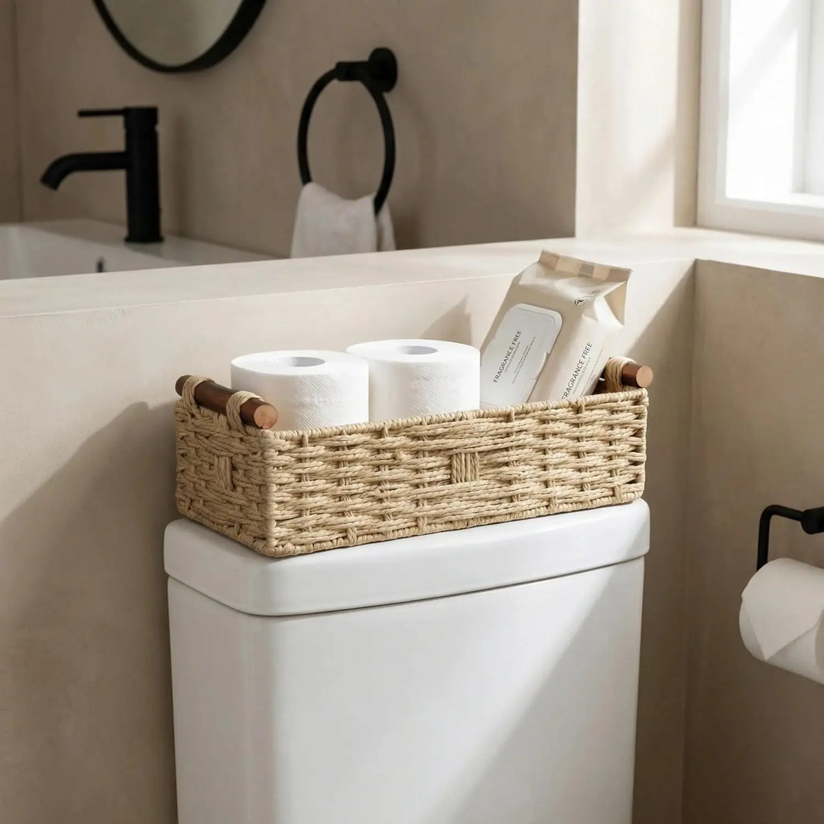 Woven Bathroom Basket with Wood Handles — Toilet Paper Storage Organizer, Back of Toilet Basket, Natural Wicker Basket for Tank Top, Countertop or Shelf