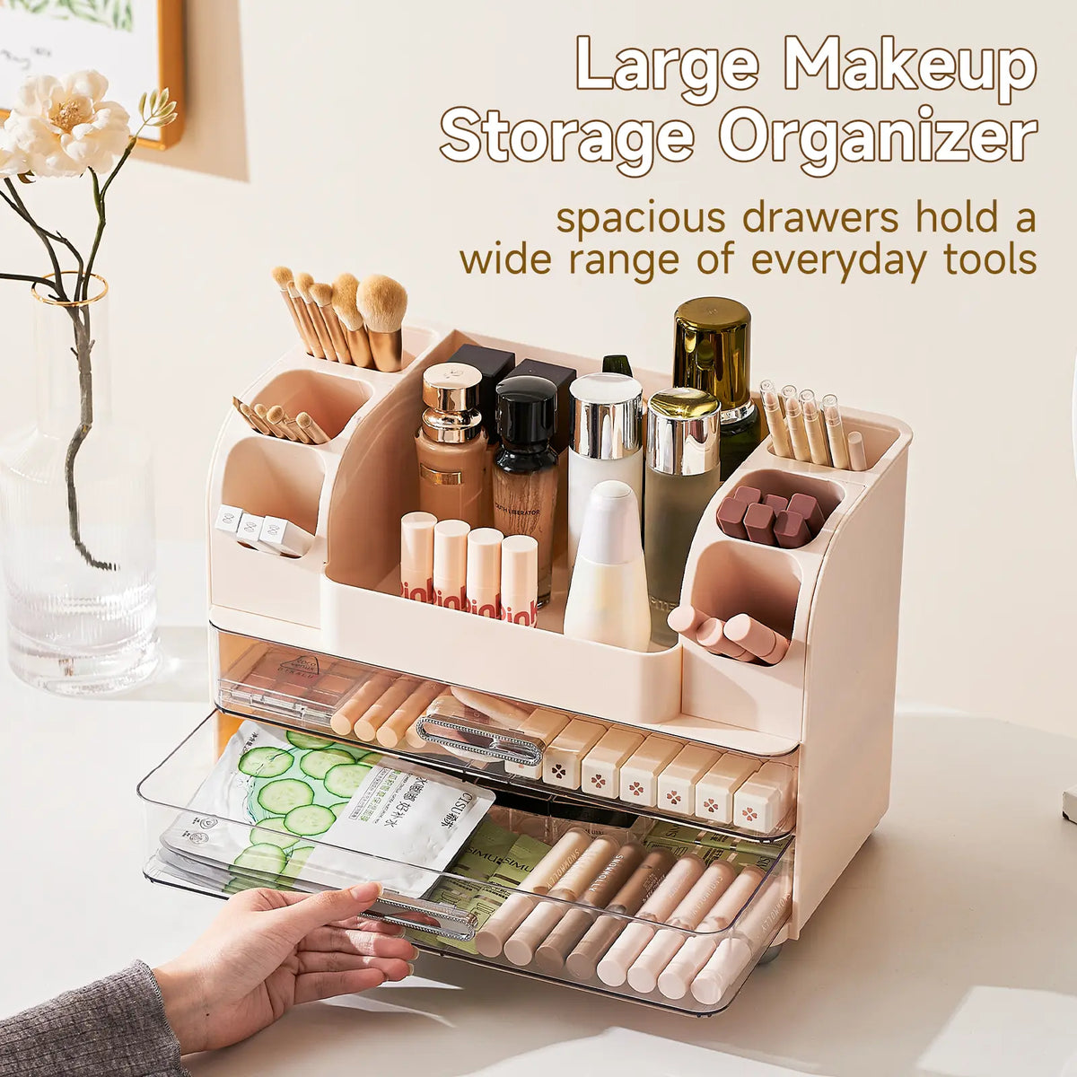 Modern ABS Makeup Organizer - Drill-Free Vanity Storage Organization Unit with Latch, Adjustable All-Purpose Cosmetic Organisers, 2 Large Drawers, Brush Holders, Cream Boxes, Easy Installation for Bathroom Countertop, Ideal Gift